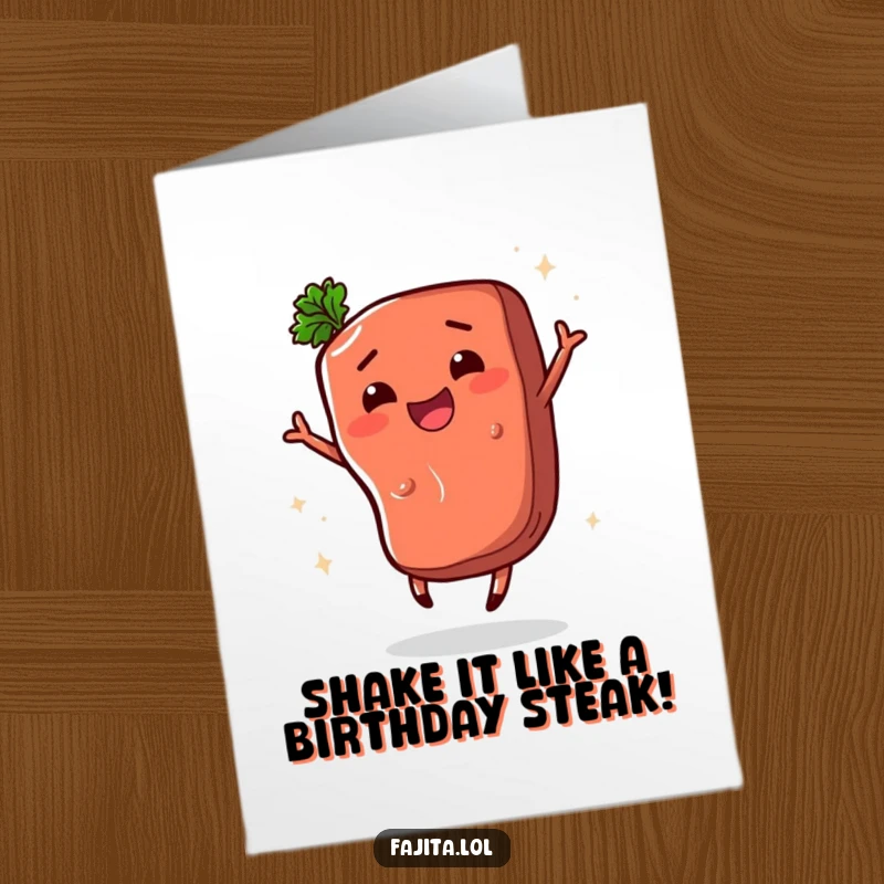 Funny Free Printable Birthday Card: Happy Fajita Steak Segment Doing a Cheeky Shimmy, a Joyful Celebration.