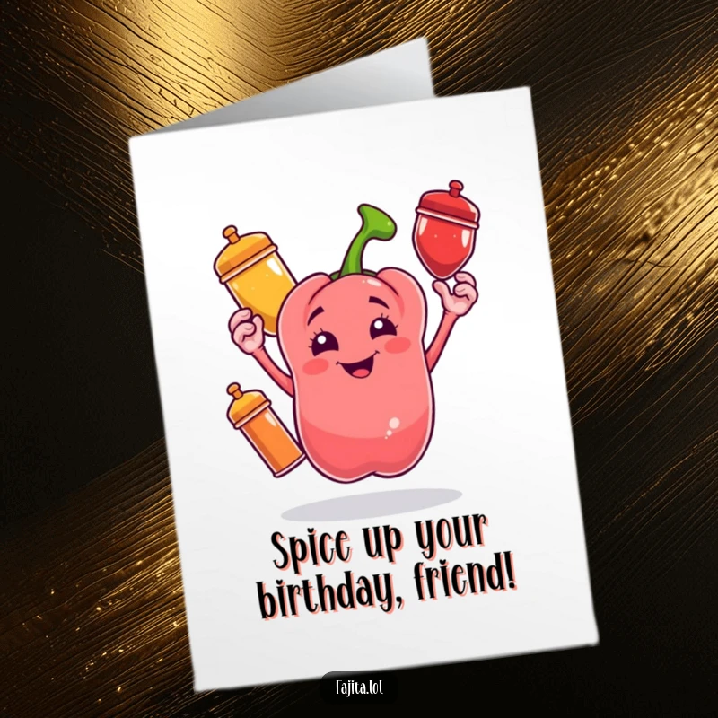 Funny Free Printable Birthday Card: A cheerful bell pepper juggles colorful spice shakers with pure glee, a spicy celebration.