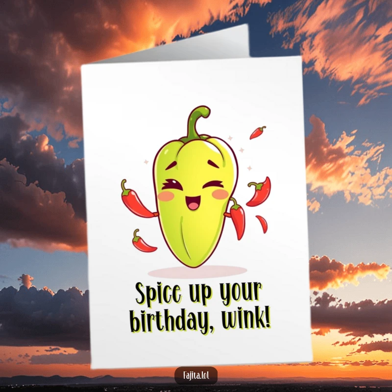 Funny Free Printable Birthday Card: Winking Fajita Pepper Playfully Juggling Tiny Chili Peppers, a Zesty Wish.