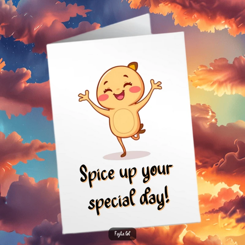 Funny Free Printable Birthday Card: Cartoon fajita in flamenco pose, legs kicking, celebrating a birthday with a smile.