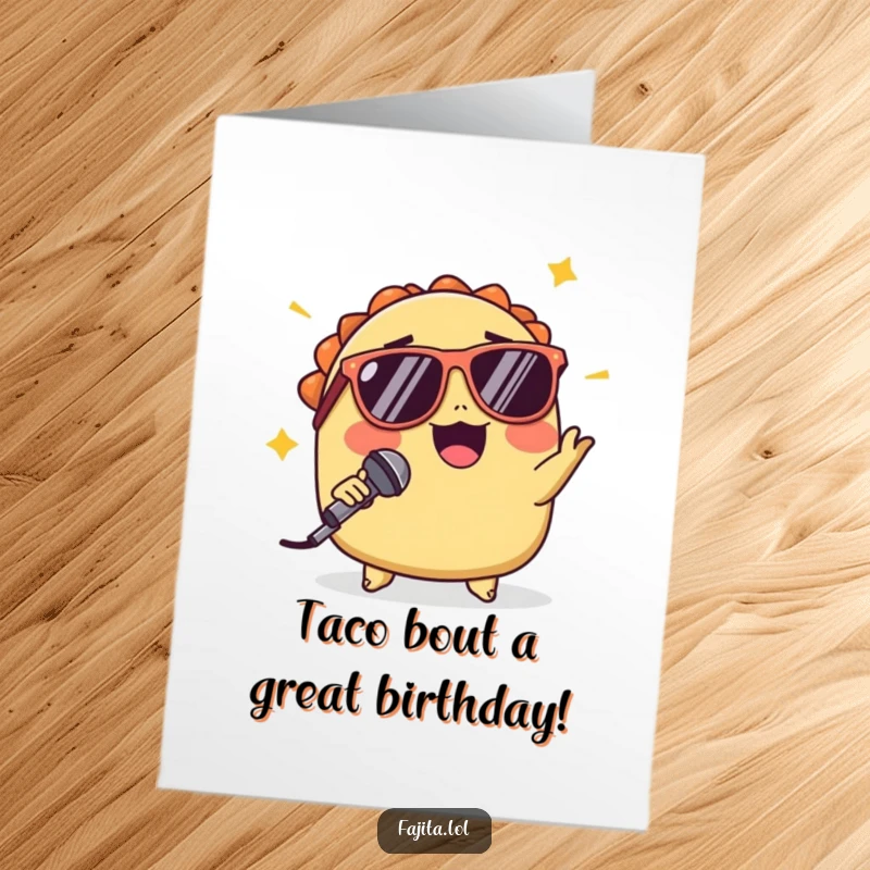 Funny Free Printable Birthday Card of a winking taco in sunglasses dramatically dropping a microphone.