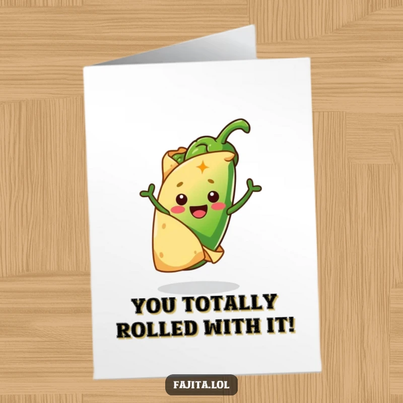 Funny Free Printable Congrats Card: Tortilla Enthusiastically Hugging a Jumping Jalapeño, a Joyful Embrace.