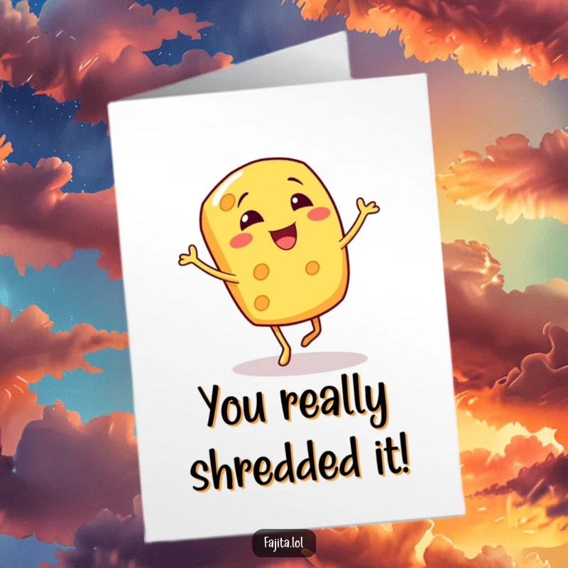 Funny Free Printable congratulations card showcasing a giggling cheese shred character performing a bouncy jig to celebrate success.