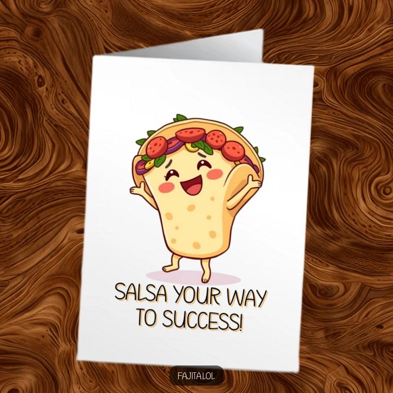 Funny Free Printable Congratulations Card: A smiling fajita in a tortilla shell enthusiastically salsa dancing to celebrate.