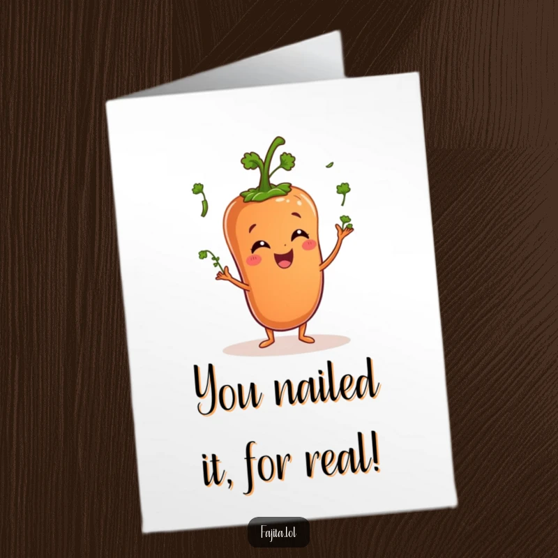Funny Free Printable Congratulations Card: A cheerful pepper character expertly juggling small cilantro sprigs in celebration.