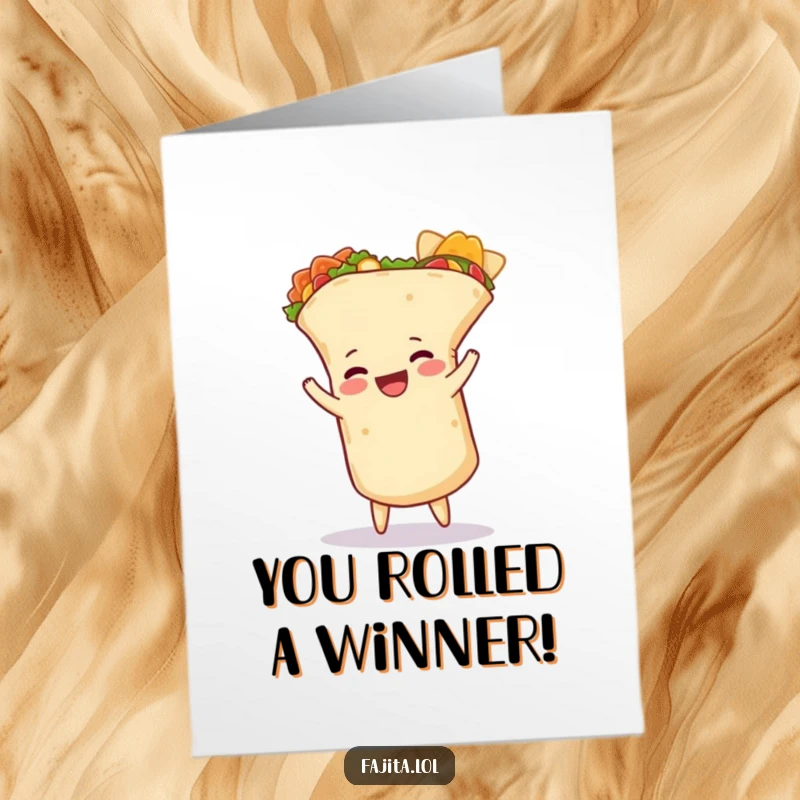 Funny Free Printable Congratulations Card: A happy burrito performs a dynamic cartwheel, celebrating your amazing news.