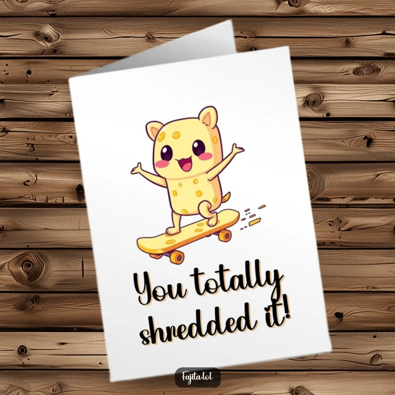 Funny Free Printable Congratulations Card: Gleeful fajita character riding a cheese skateboard, celebrating a cheesy, awesome win, downloadable art.
