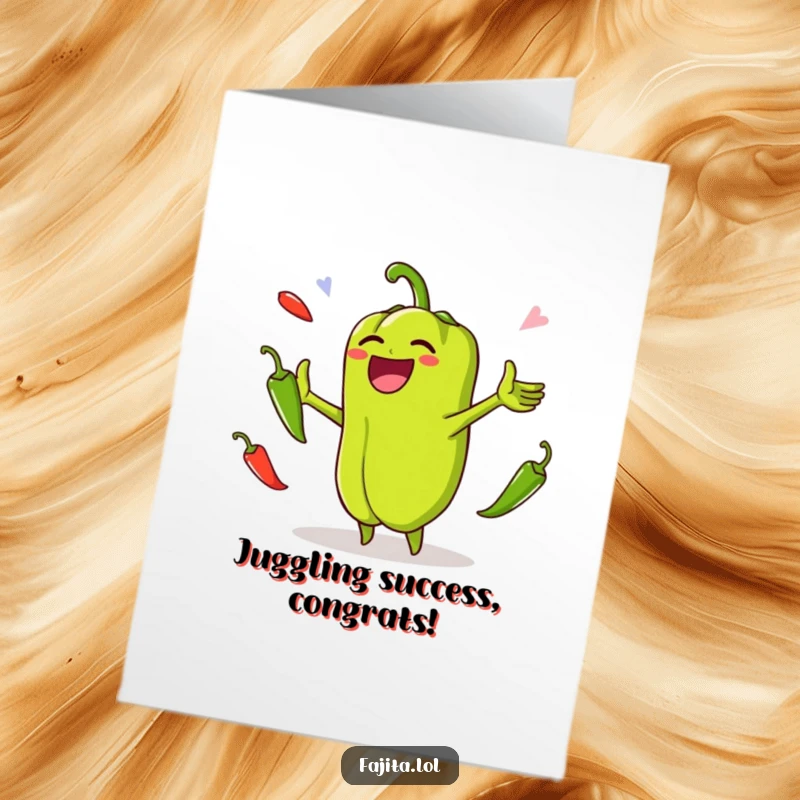 Funny Free Printable Congratulations Card showing a joyful bell pepper juggling multiple jalapenos with skill.