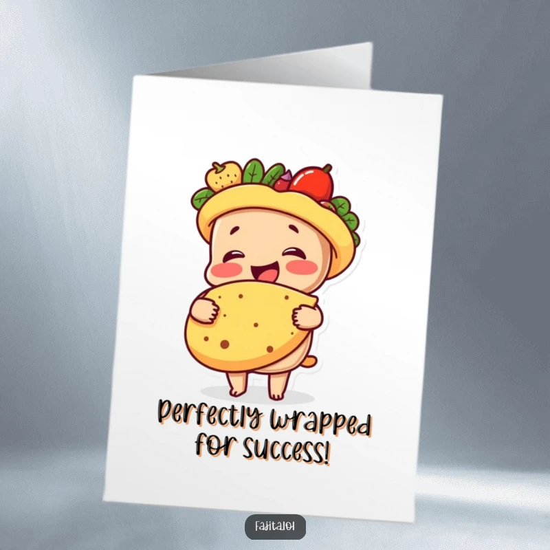 Funny Free Printable Congratulations Card: Happy fajita character hugging a tortilla, symbolizing a warm, successful union, downloadable art.