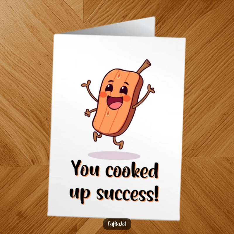 Funny Free Printable congratulations card depicting an excited grilled meat character joyfully skipping to celebrate achievements.