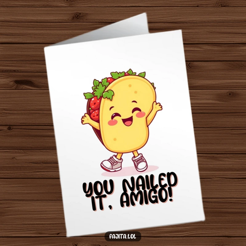 Free Printable Congratulations Card: A happy taco with tiny sneakers enthusiastically salsa dancing to celebrate success.