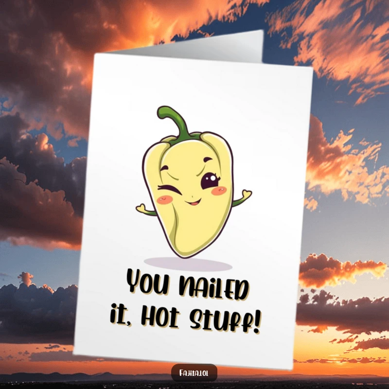 Funny Free Printable Congratulations Card: A playful pepper character with a mischievous grin, winking to celebrate a fantastic achievement.