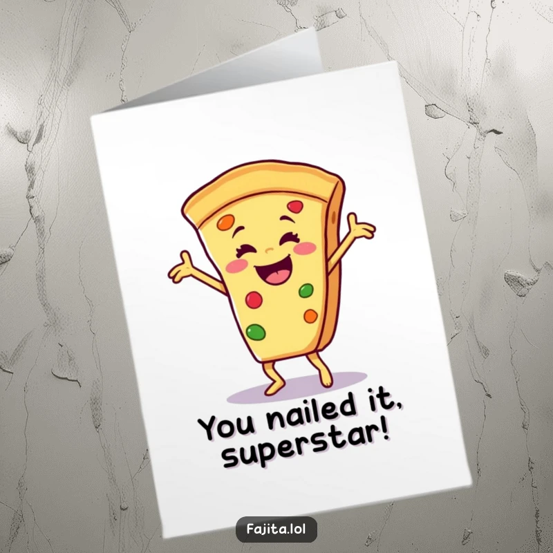 Funny Free Printable Congrats Card: Enthusiastic Fajita Slice Salsa Dancing Triumphantly, a Spicy Celebration.