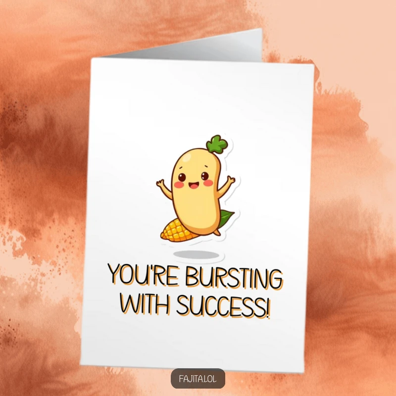 Funny Free Printable Congratulations Card: A cheerful bean character joyfully bouncing on a corn kernel, celebrating a win.