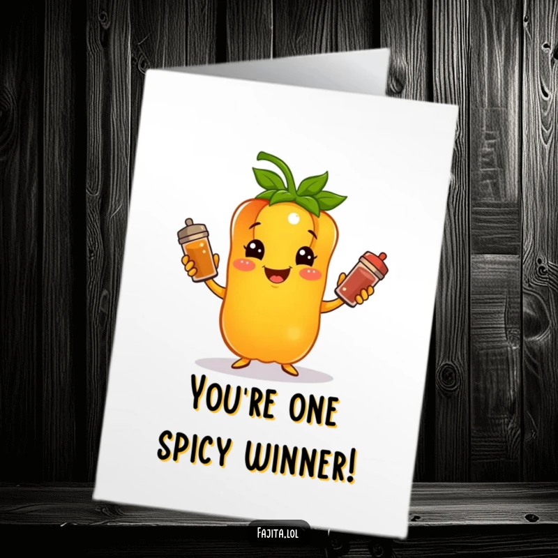 Funny Free Printable Congrats Card: A cheerful bell pepper juggles colorful spice shakers with glee for their win.