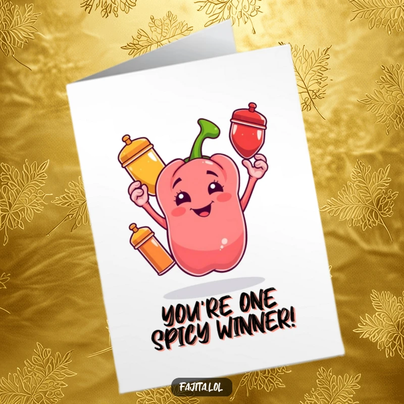 Funny Free Printable Congratulations Card: A happy bell pepper expertly juggles spice shakers, celebrating an amazing achievement.