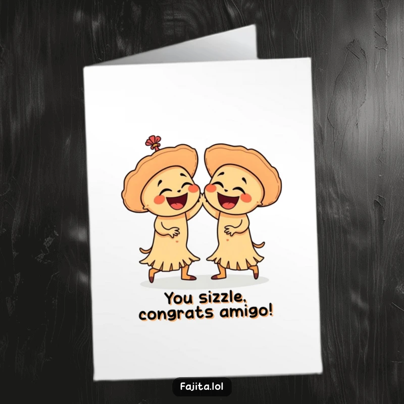 Funny Free Printable Congratulations Card: Two laughing fajitas salsa dancing to celebrate a big win with vibrant, downloadable flair.