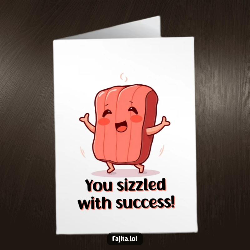 Funny Free Printable Congrats Card: A smiling strip of grilled meat does a celebratory shimmy.