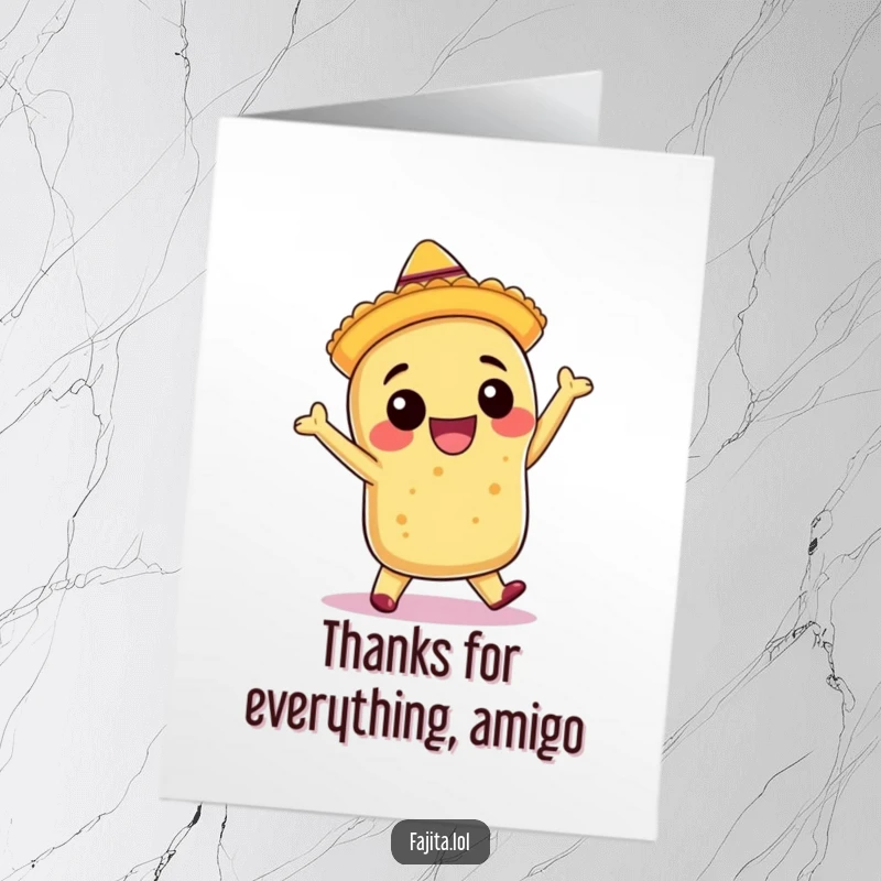 Free Printable Thank You Card: A smiling burrito in a tiny sombrero performing an enthusiastic salsa dance.