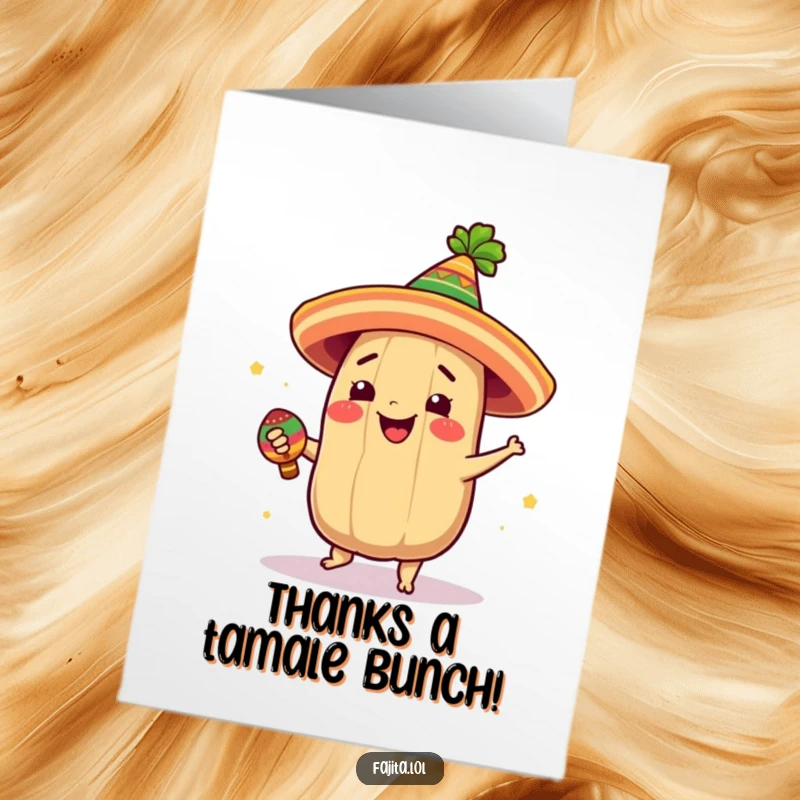 Free Printable Thank You Card: A giddy tamale in a festive hat spinning joyfully while shaking a maraca.