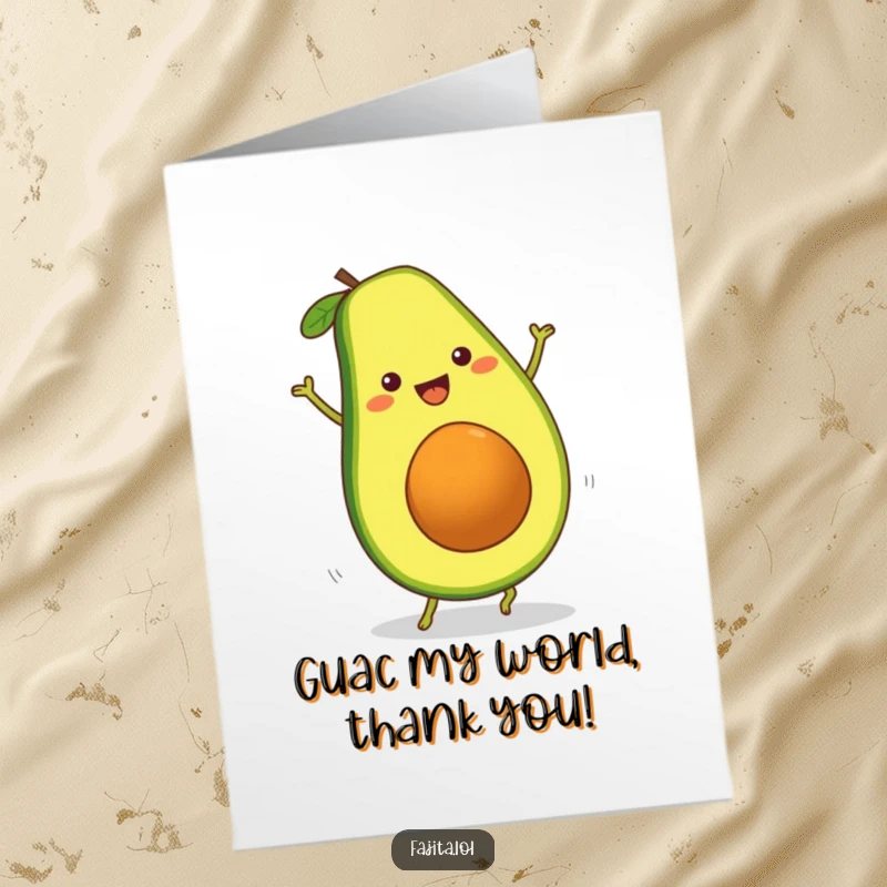 Funny Free Printable Thank You Card: A smiling avocado slice joyfully performing a cartwheel, expressing thanks with vibrant energy.