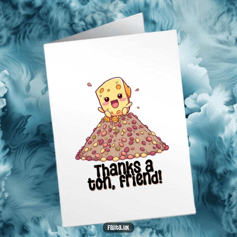 Funny Free Printable Thank You Card: Playful cheese shreds cascading down a mountain of beans, a cheesy and fun way to say thank you.