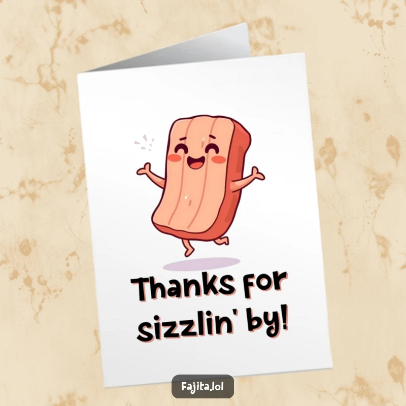 Funny Free Printable Thank You Card: A smiling grilled meat strip does a joyful shimmy, expressing sincere thanks.