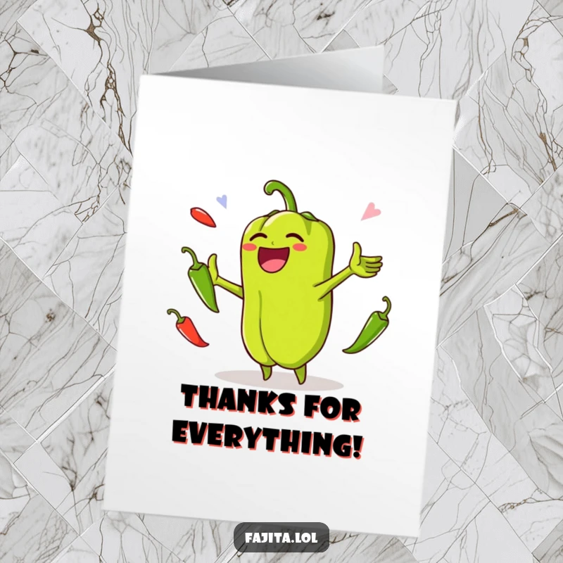 Funny Free Printable Thank You Card of a happy bell pepper juggling jalapenos, expressing gratitude humorously.