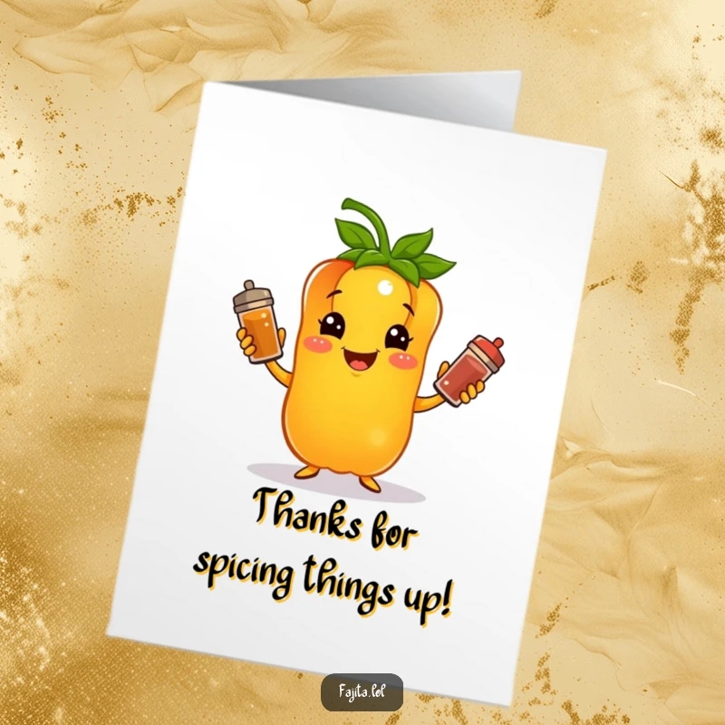 Funny Free Printable Thank You Card: A cheerful bell pepper juggles colorful spice shakers with glee to say thanks.