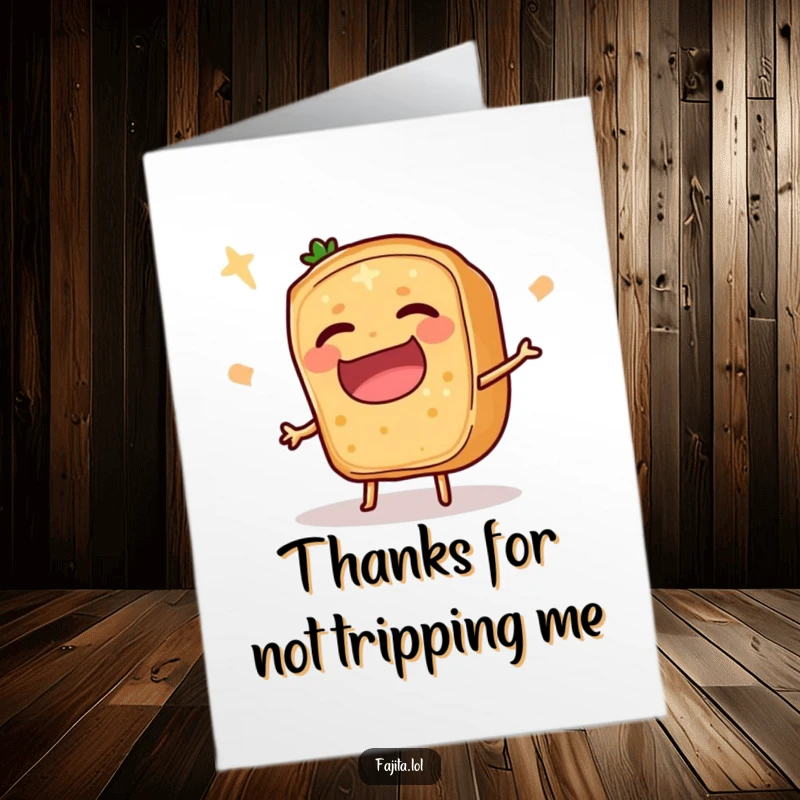 Funny Free Printable Thank You Card featuring a fajita ingredient slice in the midst of a comical trip, expressing a clumsy gratitude.