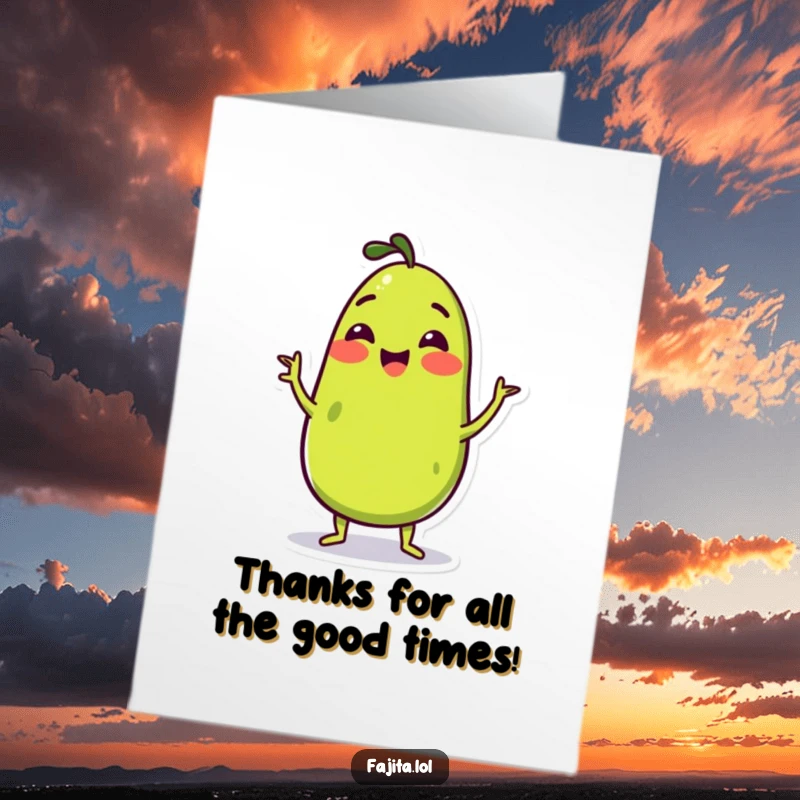 Funny Free Printable Thank You Card: Wiggling guacamole character showing thanks, a cute downloadable gift.