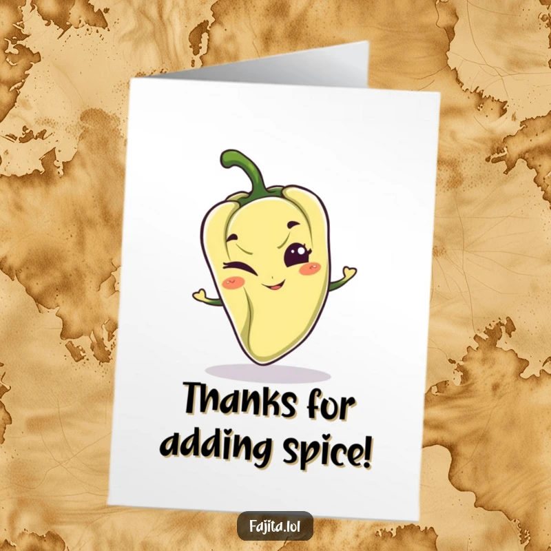 Funny Free Printable Thank You Card: A playful pepper character with a mischievous grin, winking a thank you with style.