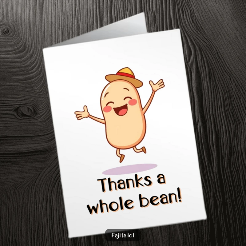 Funny Free Printable Thank You Card of a joyful bean character doing a jumping jack with salsa, a lively thank you.
