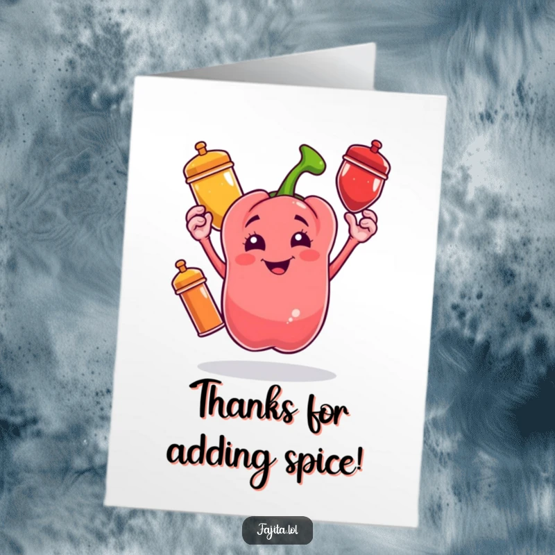 Funny Free Printable Thank You Card: A bell pepper happily juggles spice shakers, perfectly expressing thanks with flair.