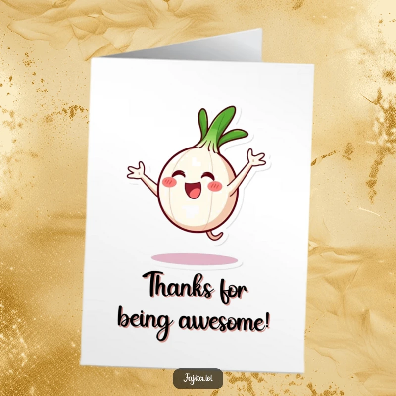 Funny Free Printable Thank You Card: An onion ring character performing an excited cartwheel, expressing thanks with energetic joy.