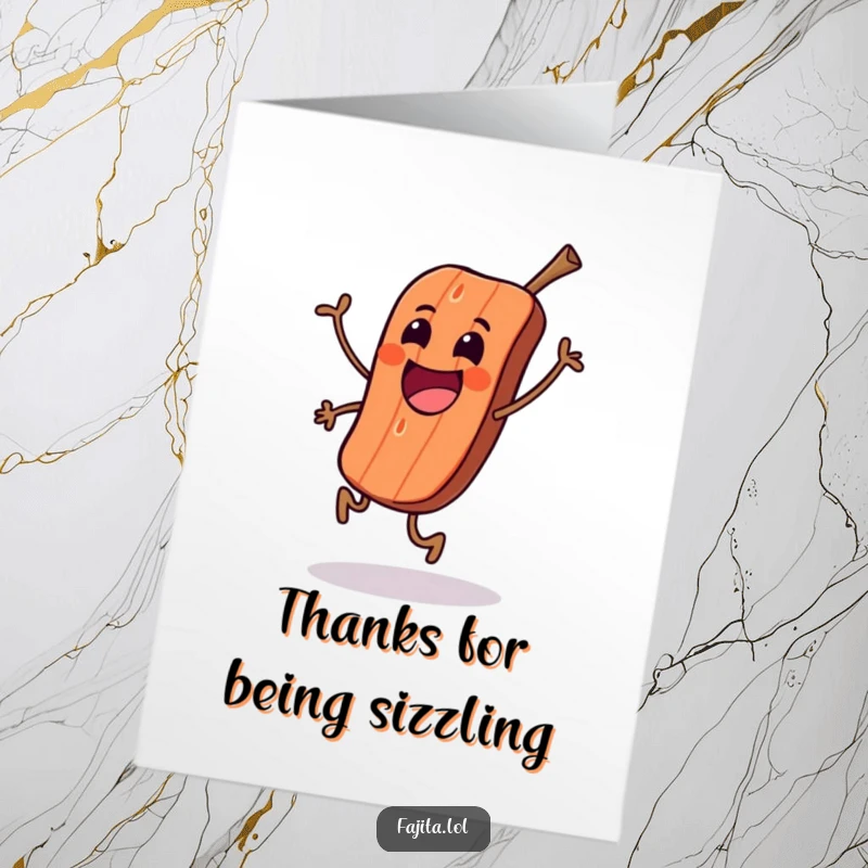 Funny Free Printable thank you card of an excited grilled meat character doing a happy skip to show appreciation.