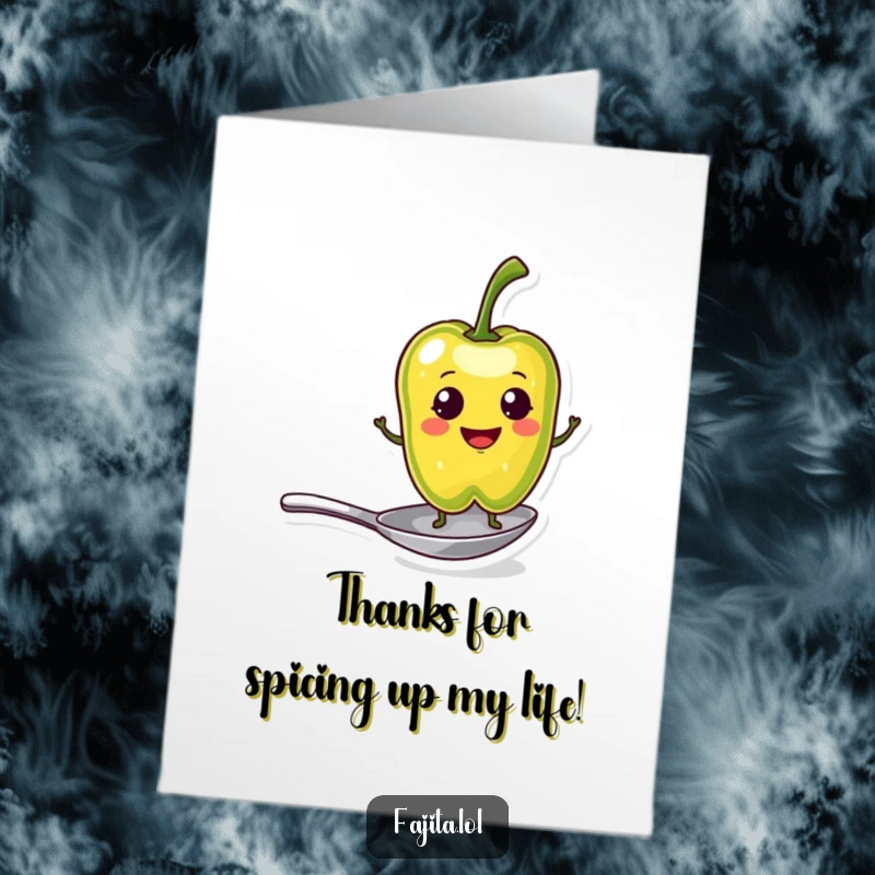 Funny Free Printable Thank You Card: Pepper slice on spoon smiling, conveying thanks downloadable gift.
