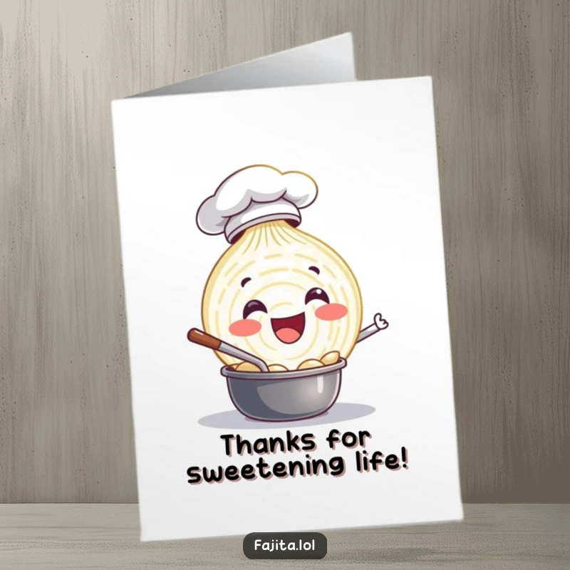 Funny Free Printable Thank You Card of a happy onion slice chef in a hat stirring a pot.