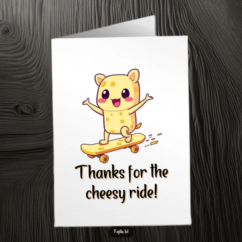Funny Free Printable Thank You Card: Gleeful fajita character speeding on a cheese skateboard, a cool, funny downloadable gift.