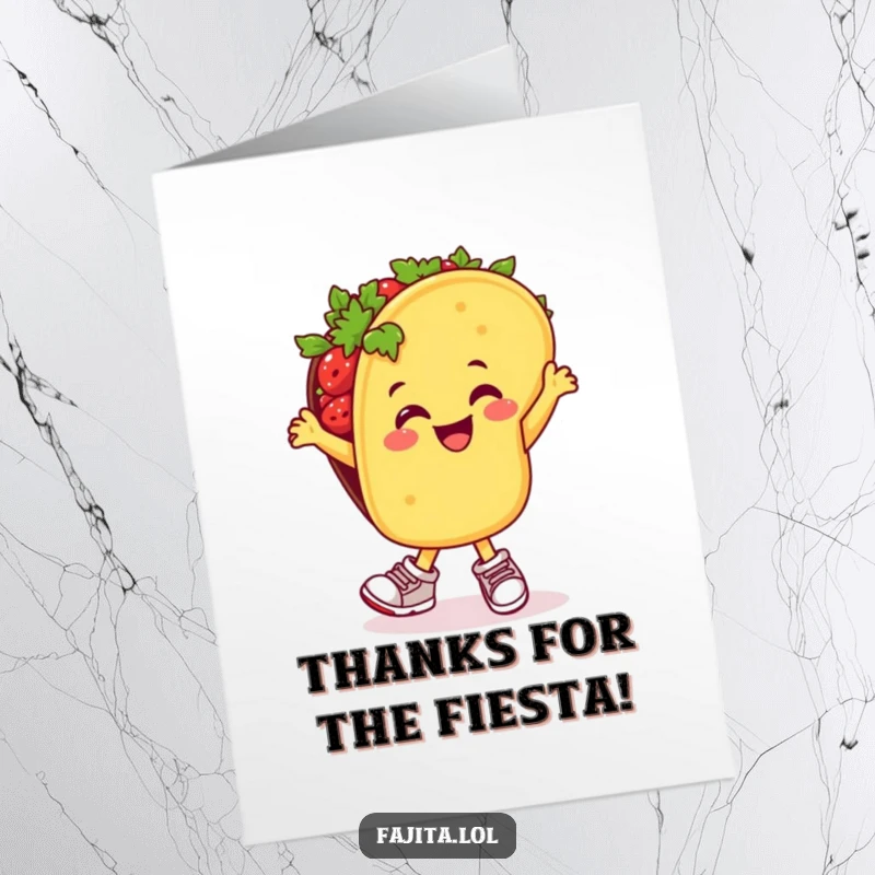 Free Printable Thank You Card: A cheerful taco in sneakers performing a lively salsa dance to express gratitude.