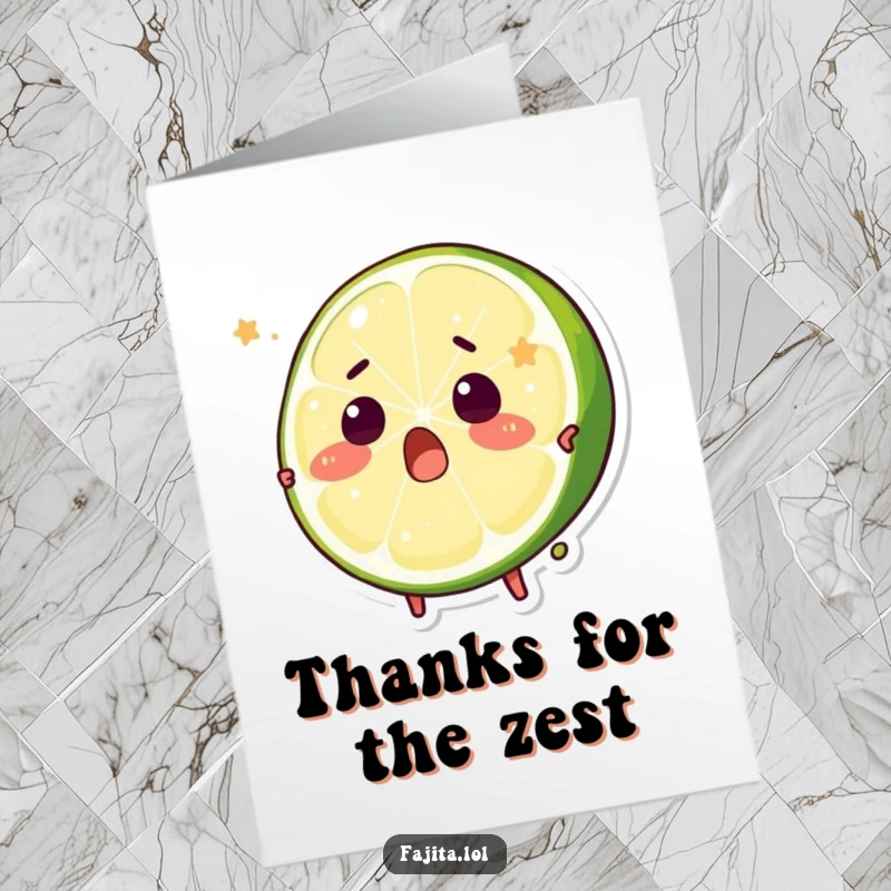 Funny Free Printable thank you card of a surprised lime wedge character being playfully squeezed, expressing gratitude.