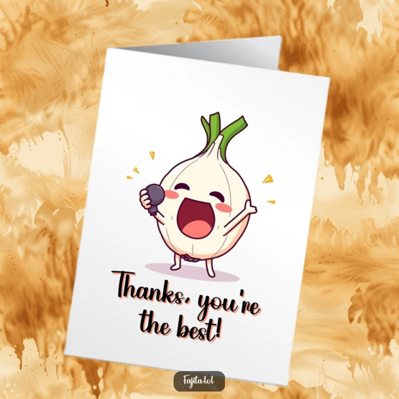 Funny Free Printable Thank You Card: An excited onion ring performs a comically dramatic mic drop, a bold way to say thanks.