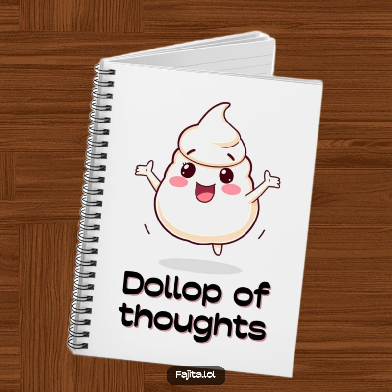 Funny Notebook with a playful sour cream dollop character bouncing with excitement, perfect for jotting down ideas with energetic flair.