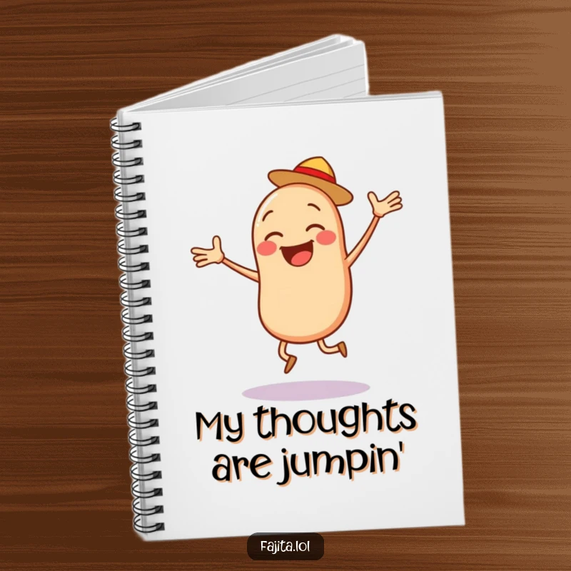 Funny Bean Salsa Notebook, a jumping bean character with salsa, perfect for energetic note-taking.