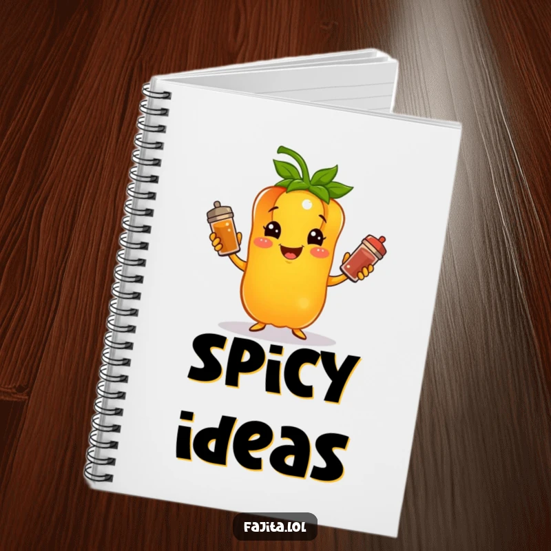 Funny notebook cover featuring a bell pepper character juggling spice shakers, ideal for recipes and creative notes.
