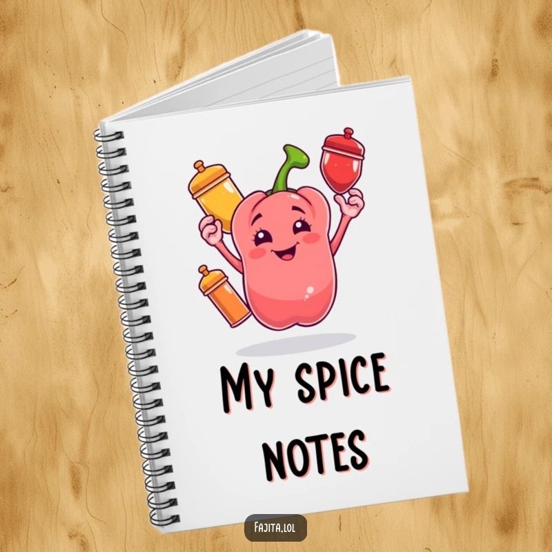 Funny notebook featuring a cheerful bell pepper juggling spice shakers, for jotting down delicious thoughts.