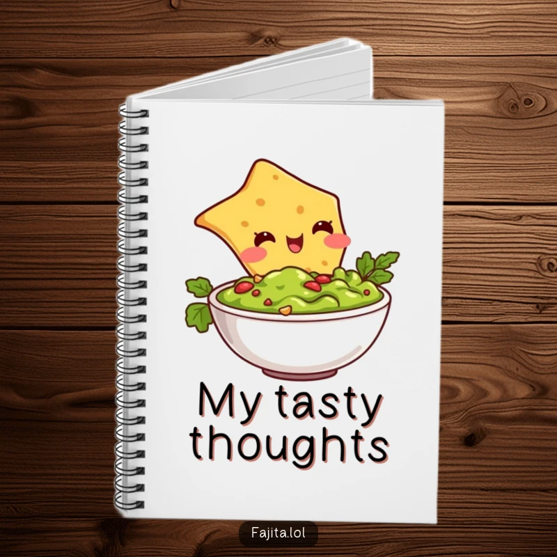 Funny notebook cover depicting a tortilla chip character joyfully diving into guacamole, perfect for notes and recipes.