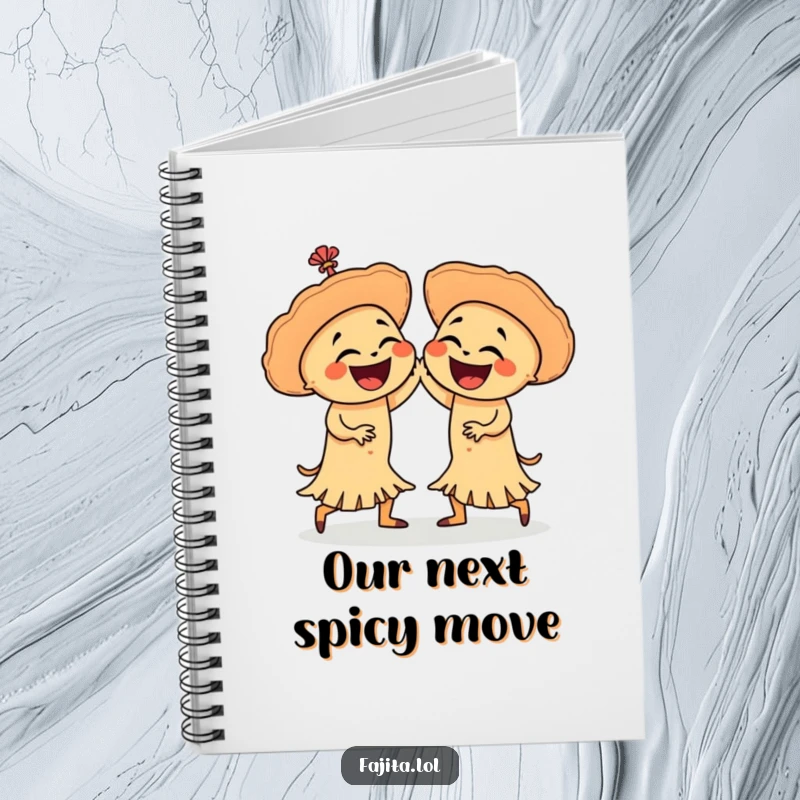 Funny notebook with two laughing fajitas in a salsa dance, perfect for jotting down notes with a side of Mexican food humor.