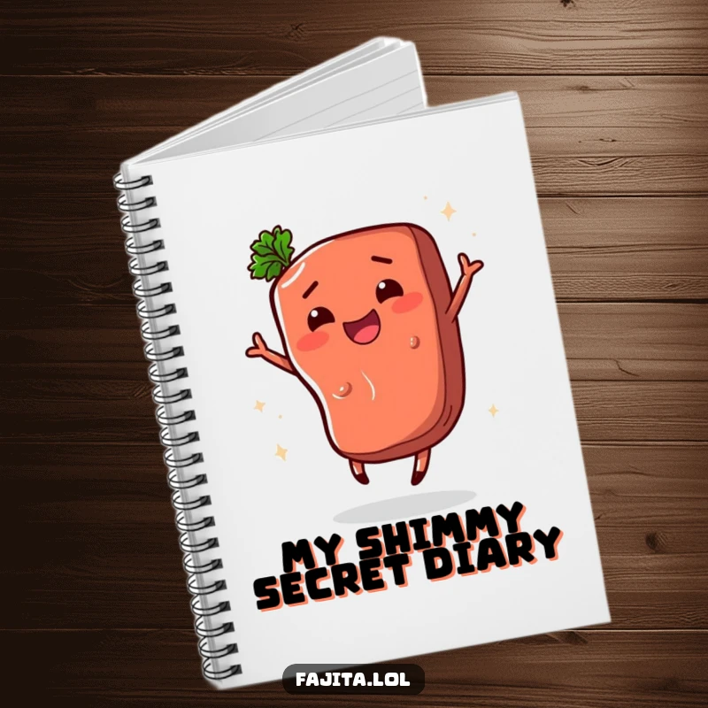 Funny notebook with a happy fajita steak segment doing a lively shimmy, perfect for jotting down ideas with a comedic touch.