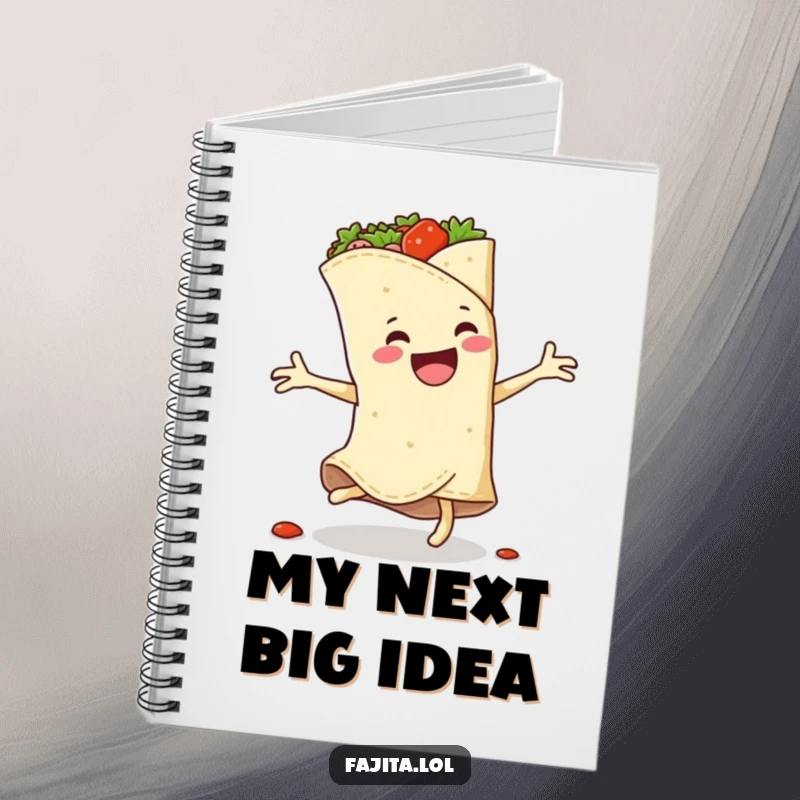 Funny notebook cover with a fajita wrap doing a cartwheel and spicy filling leaping out, ideal for jotting down amusing notes.